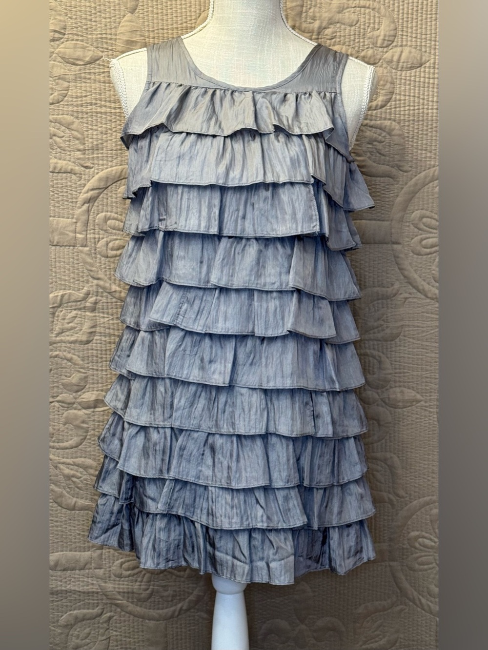DKNY Silver/Grey Tiered Ruffle Sleeveless Dress